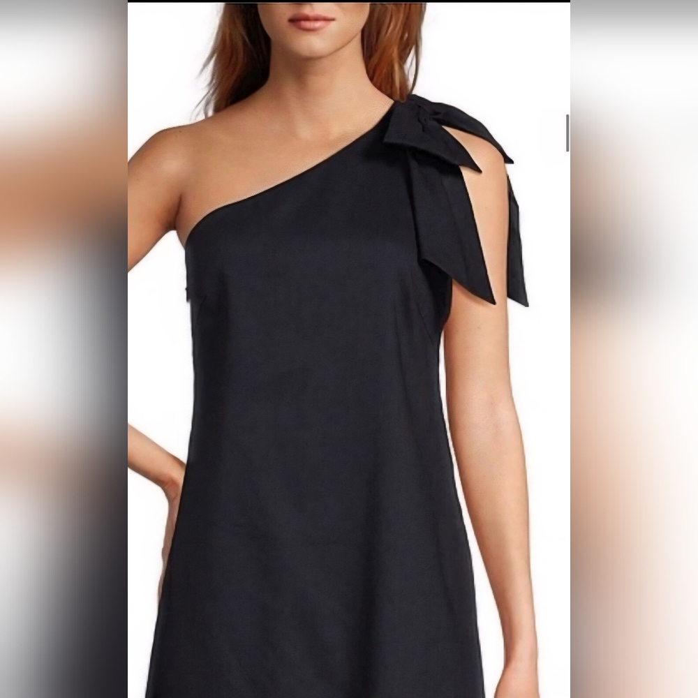 Antonio Melani One-shoulder Bow Detail Linen Mini Dress: Color- Navy: Size-10